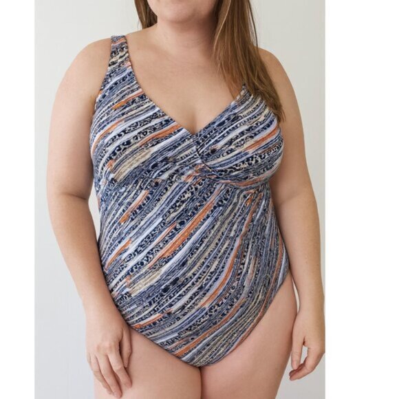 Betty's Beach Bungalow Striped One Piece Swimsuit V Neck Ruched Tummy Control 16 - Picture 1 of 9